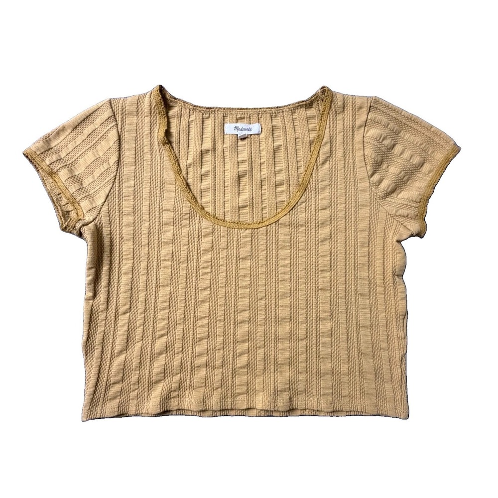 Madewell Crop Top Womens Medium Yellow Textured Ribbed Short Sleeve Scoop Neck